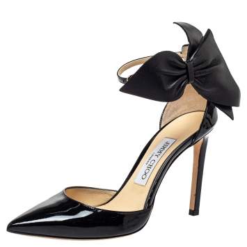 Pre Owned Jimmy Choo Black Patent Leather Kelley Bow Pumps Size 36.5