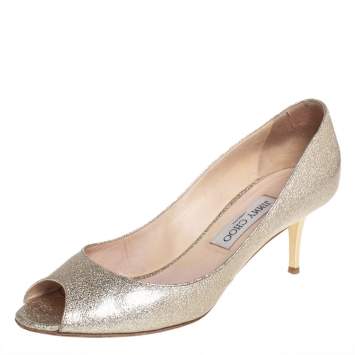 Pre Owned Jimmy Choo Gold Coated Leather Evelyn Peep Toe Pumps Size 39