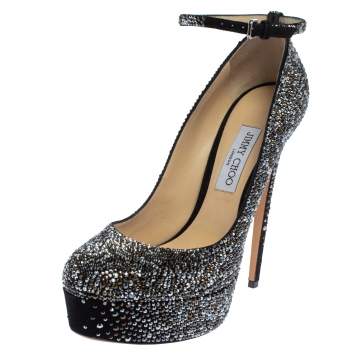 Pre Owned JIMMY CHOO Black Suede Platform Crystals Klerise  Pumps Size 41