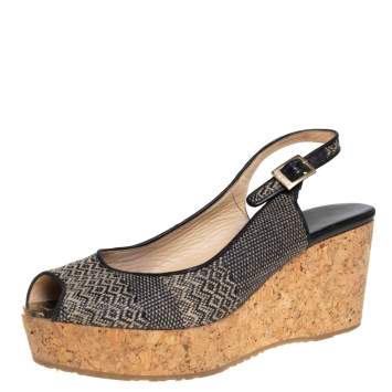 Pre Owned Jimmy Choo Black/White Woven Raffia Prova Slingback Wedge Sandals Size 41