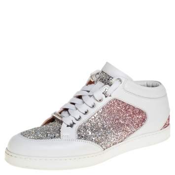 Pre Owned Jimmy Choo White Leather And Glitter Miami Sneakers Size 38