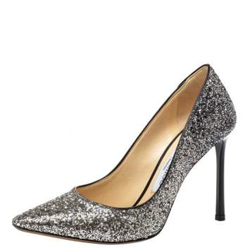 Pre Owned Jimmy Choo Silver/Black Glitter Romy Pumps Size 35