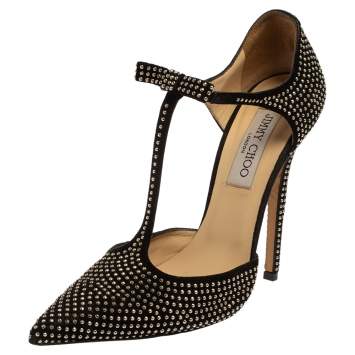 Pre Owned Jimmy Choo Black Studded Suede Talan T-Strap Pointed Toe Pumps Size 38