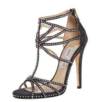 Pre Owned Jimmy Choo Black Suede Leather Vendetta Crystal Embellished Strappy Sandals Size 37