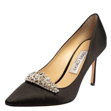 Pre Owned Jimmy Choo Black Satin Crystal Embellished Pumps Size 39