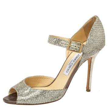 Pre Owned Jimmy Choo Silver Glitter Mary Jane Open Toe Pumps Size 38