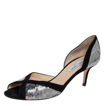 Pre Owned Jimmy Choo Black/Silver Suede And Sequin Teton D'orsay Pumps Size 40
