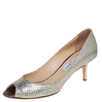 Pre Owned Jimmy Choo Metallic Silver Glitter Fabric Peep Toe Pumps Size 37
