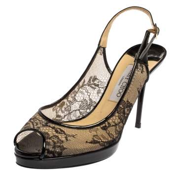 Pre Owned Jimmy Choo Black Lace And Patent Leather Nova Peep Toe Slingback Sandals Size 39.5