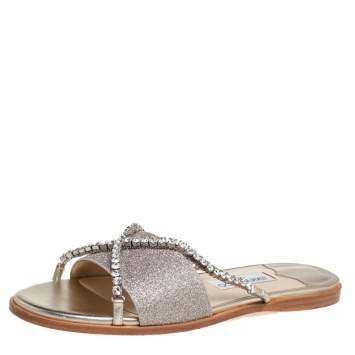 Pre Owned Jimmy Choo Metallic Gold Glitter Aadi Crystal Embellished Flats Size 41