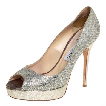 Pre Owned Jimmy Choo Metallic Glitter Fabric Dahlia Platform Peep Toe Pumps Size 40