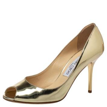 Pre Owned Jimmy Choo Gold Leather Evelyn Peep Toe Pumps Size 38
