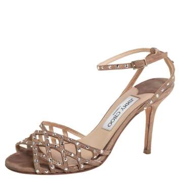 Pre Owned Jimmy Choo Metallic Beige Suede Crystal Embellished Cutout Sandals Size 36