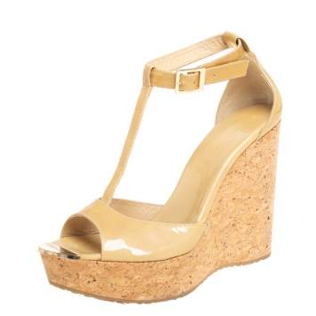 Pre Owned Jimmy Choo Beige Patent Leather Pela Cork Wedge T-Strap Sandals Size 40