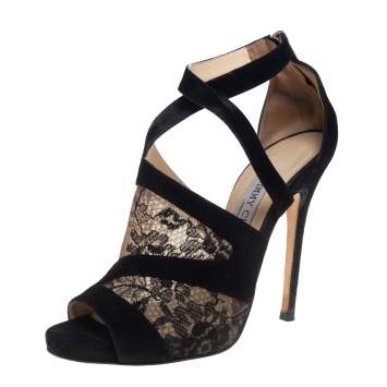 Pre Owned Jimmy Choo Black Suede and Lace Virion Inset Glove Sandals Size 38.5