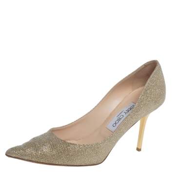 Pre Owned Jimmy Choo Metallic Gold Glitter Fabric Agnes Pointed Toe Pumps Size 37