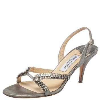 Pre Owned Jimmy Choo Silver Leather Crystal Embellished Slingback Sandals Size 40