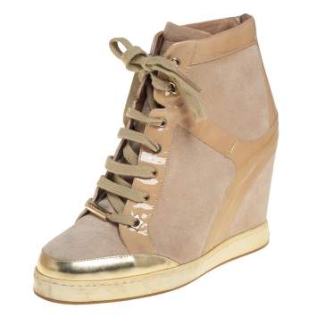Pre Owned Jimmy Choo Beige Suede and Patent Leather Panama Wedge Sneakers Size 37.5
