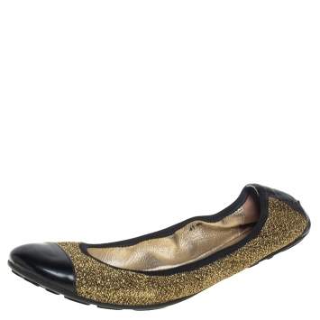Pre Owned Jimmy Choo Metallic Gold Lamè and Black Patent Leather Winnie Cap Toe Scrunch Ballet Flats Size 41