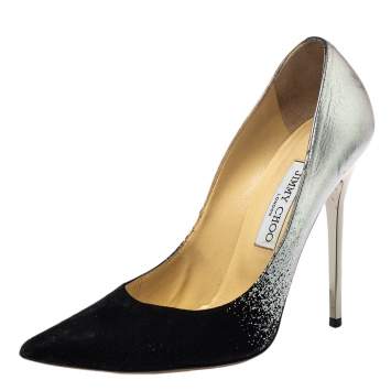 Pre Owned Jimmy Choo Black/Silver Suede And Leather Anouk Pumps Size 38.5