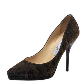 Pre Owned Jimmy Choo Brown/Sliver Lurex Fabric And Glitter Pumps Size 38