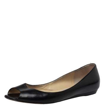 Pre Owned Jimmy Choo Black Leather Peep Toe Flats Size 39.5