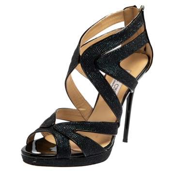 Pre Owned Jimmy Choo Blue/Black Glitter And Patent Leather Strappy Sandals Size 38.5