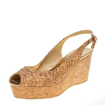 Pre Owned Jimmy Choo Beige Python Embossed Cork Wedge Slingback Sandals Size 38
