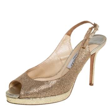 Pre Owned Jimmy Choo Gold Glitter Accents Peep Toe Slingback Pump Size 38