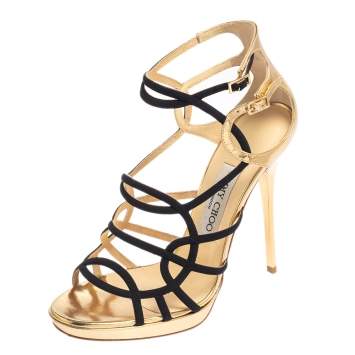 Pre Owned Jimmy Choo Gold/Black Suede and Leather Myth Strappy Sandals Size 38.5