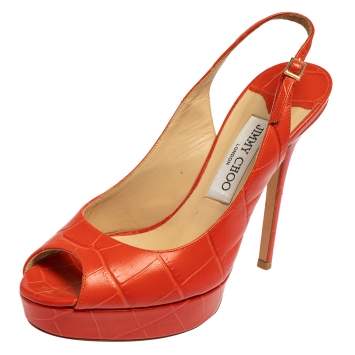 Pre Owned Jimmy Choo Orange Croc Embossed Leather  Peep Toe Platform Slingback Sandals Size 38
