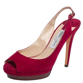 Pre Owned Jimmy Choo Red Suede Clue Peep Toe Slingback Sandals Size 38