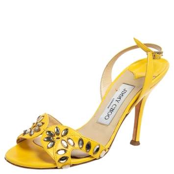 Pre Owned Jimmy Choo Yellow Leather Studded  Slingback Sandals Size 35.5