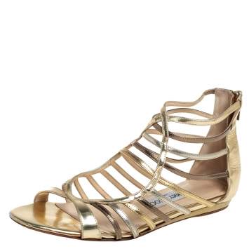 Pre Owned Jimmy Choo Metallic Gold/Silver Leather Gladiator Flat Sandals Size 38.5