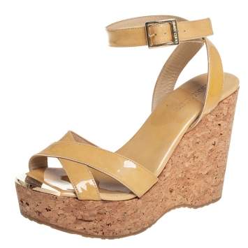 Pre Owned Jimmy Choo Beige Patent Leather Lucia Cross Strap Wedge Platform Sandals Size 37