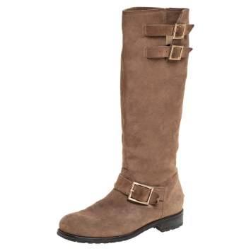 مملوكة مسبقًا Jimmy Choo Brown Suede Biker Buckle Detail Mid Calf Boots Size 39.5