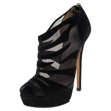 Pre Owned Jimmy Choo Black Suede And Net  Kerfield Peep Toe Platform Booties Size 37