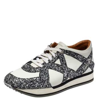 Pre Owned Jimmy Choo White Leather And Glitter Lace Up London Sneakers Size 40
