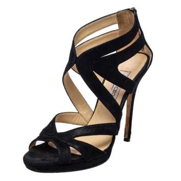 Pre Owned Jimmy Choo Black Glitter Suede Cutout Collar Peep Toe Sandals Size 39.5