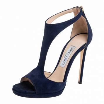 Pre Owned Jimmy Choo Navy Blue Suede Lana Open Toe Sandals Size 37.5
