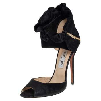 Pre Owned Jimmy Choo Black Suede Ruffle Ankle Strap Sandals Size 40