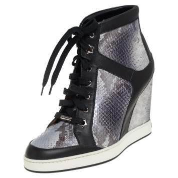 Pre Owned Jimmy Choo Tri Color Leather and Python Embossed Leather Panama Wedge Sneakers Size 40