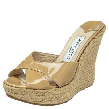 Pre Owned Jimmy Choo Beige Patent Leather Wedge Sandals Size 38