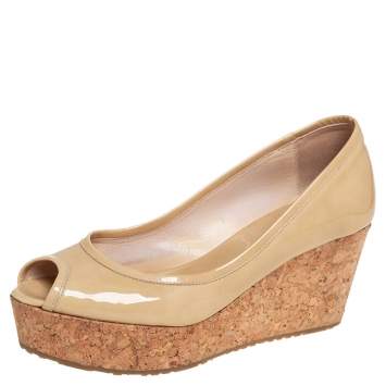 Pre Owned Jimmy Choo Beige Patent Leather Parley Cork Peep Toe Pumps Size 37.5