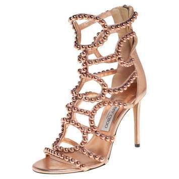 Pre Owned Jimmy Choo Metallic Rose Gold Leather Leja 100 Sandals Size 37