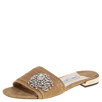 Pre Owned Jimmy Choo Gold Lurex Joni Crystal Embellished Flat Slides Size 39.5