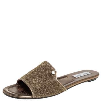 Pre Owned  Jimmy Choo Metallic Gold Glitter Fabric Nanda Flat Slides Size 42