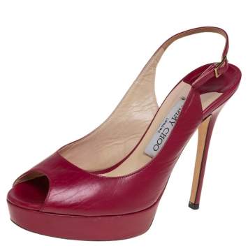 Pre Owned Jimmy Choo Red Leather Nova Peep Toe Slingback Sandals Size 37