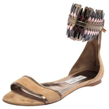 Pre Owned Jimmy Choo Beige Suede Kimro Fringe Ankle Cuff Flat Sandals Size 38.5