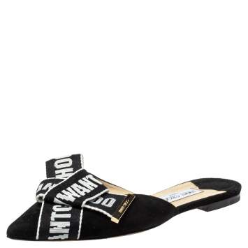 Pre Owned Jimmy Choo Black Suede And Nylon Strap Gretchen Flat Mules Size 39